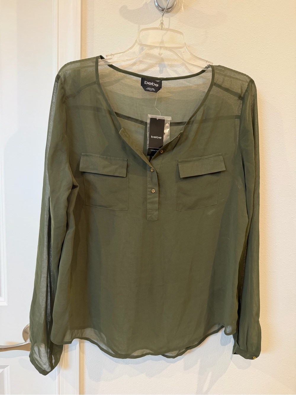 NWT bebe Olive Sheer V-Neck Long Sleeve Blouse L